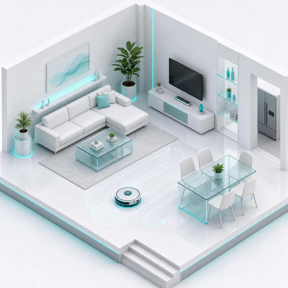 Modern 3D visualization of a robotic cleaner maintaining a pristine glass and white living space